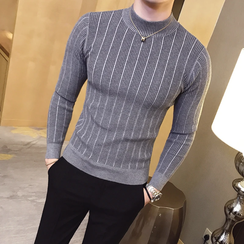 Mens Fashion Jumpers - Novo outono inverno gola alta listrado